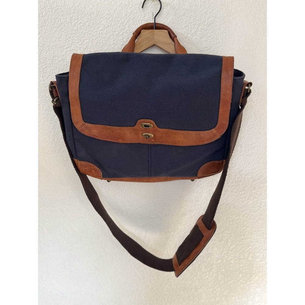 Mens Will Leather Goods Dennis Messenger Bag Navy Canvas Tan Leather One Size